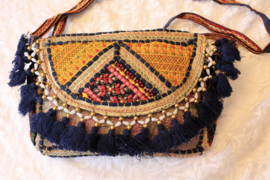 23cm x 13 cm x 6cm - One of a kind Bohemian hippy chic purse patchwork, tassels NAVY6 GOLD WATER COLORS paisley design