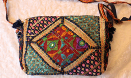 23cm x 13 cm x 6cm - One of a kind Bohemian hippy chic purse patchwork, tassels NAVY6 GOLD WATER COLORS paisley design