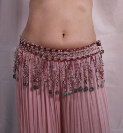 S, M, L , XL - Crocheted hipbelt shades of PINK, cotton for bellydance , SILVER beads and coins decorated