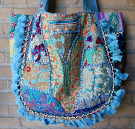 Patchwork Banjara Boho India hippie tas tote bag strandtas TURQUOISE5 GOUD BLAUW, bloemetjes, met kwastjes en kraaltjes