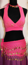 one size - Harem costume 4-piece : headband + Bra top FUCHSIA GOLD + belt + skirt + coinbelt + 2 slit- 4- points skirt  PURPLE