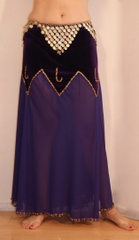 M Medium L Large - PURPLE Skirt with velvet hips and transparent chiffon leg part decorated with golden beads and sequins - Jupe de danse orientale velours / chiffon