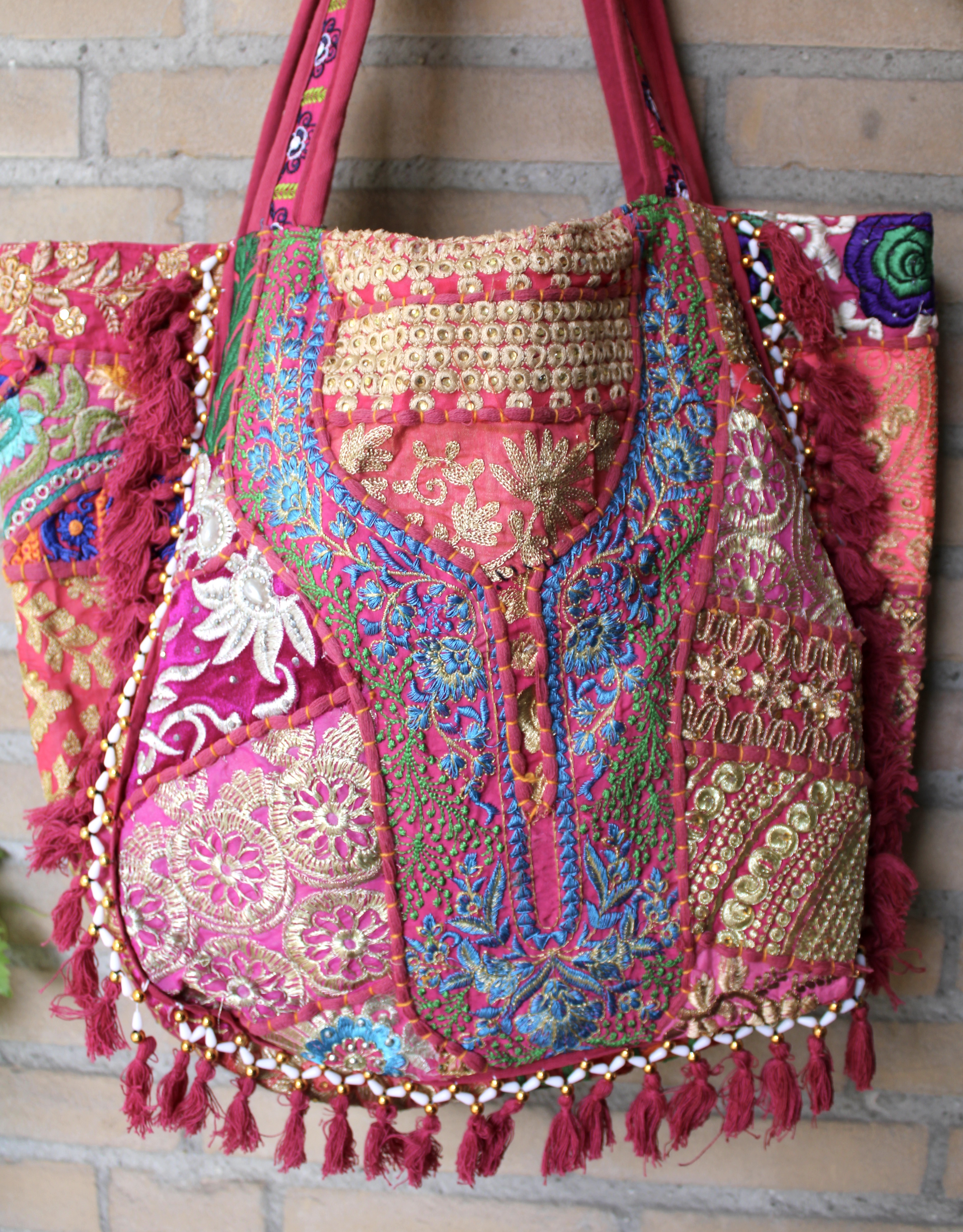 One of a kind Richely embroidered, Bohemian Bag FUCHSIA1 GOLD embroidered