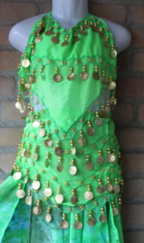 Luxury belly dance costume girl : Full circle bellydance skirt with 2 slits BRIGHT GREEN + Top + Hip belt + Head band