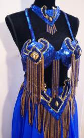 K4 - 5-piece fully sequinned bellydance costume ROYAL BLUE GOLD "Pharao"