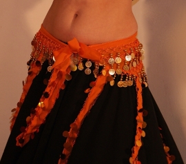 Buikdansgordel ORANJE chiffon met slierten en GOUDEN versiering