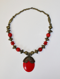 Tribal fusion RED pendant, necklace with RED and DARK GOLD colored beads