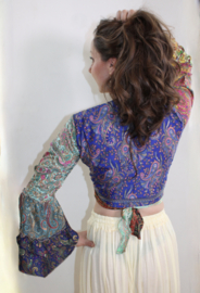 MULTICOLOR zijden wikkeltopje nr2 met ruches aan de mouwen en GOUD opdruk, India dessin - one size fits XS, S, M, L XL
