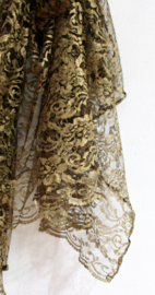 BLACK, rectangular, lace veil, GOLDEN flowers embroidered + matching hip shawl /headband - 240 cm x 105 cm