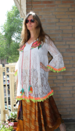 L XL- WHITE Lace blouse / tunic / short dress with MULTICOLOR flower applications, pon pon and fringe rimmed