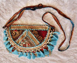 Unieke Boho hippie chic handtas patchwork, kwastjes, rits drukknoop TURQUOISE4 GOUD bloemen - 23 cm x 13 cm x 6 cm