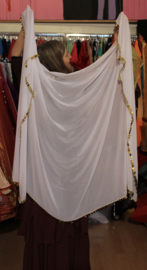 195 cm x 115 cm - WHITE rectangular transparent chiffon veil, GOLDEN beads and plastic coins rimmed