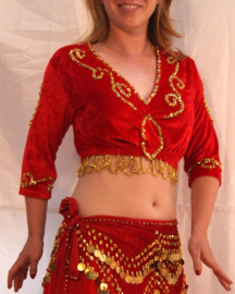 RED velvet bellydance blouse, GOLDEN or SILVER beads and sequins decorated