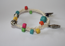 nr4 - Macramé bracelet OFF WHITE, MULTICOLOR wooden beads, fish, shell decorated
