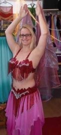 Fully sequinned 6-piece bellydance costume PINK SILVER, beaded fringe decorated size 36/38