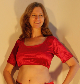 Choli top fluweel ROZEROOD / KERSEN ROOD met  korte mouwen - one size 