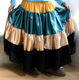 MULTICOLORED ruffled skirt SAFFRON YELLOW, TURQUOISE BLUE, GOLD and BLACK -fits sizes 40, 42, 44 and 46