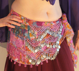 Samia1 - Egyptian hipscarf on PURPLE, ORANGE, PINK flowered chiffon, SILVER beads and coins decorated