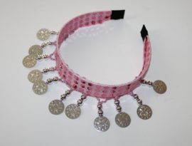 Glitter Diadeem haarband ROZE met ZILVEREN muntjes en kraaltjes Tiara voor meisjes en dames - one size