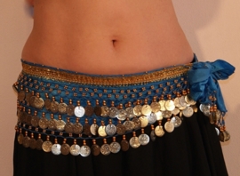 G54  M/L  XL/ XXL - Coinbelt for bellydancing crocheted decorated with beads, coins and glitter band TURQUOISE BLUE GOLD