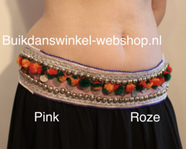 Tribal fusion heupgordel ceintuur BLAUW GEEL ROOD ROZE TURQUOISE WIT ZWART met pompons, spikes en munten - XS S