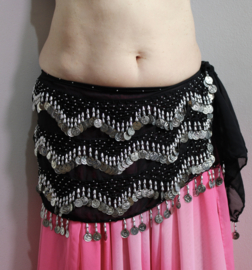 Muntengordel effen zwart chiffon met ZILVEREN kralen, muntjes en haakwerk - G70 - one size fits S, M, Small, Medium
