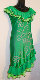 Asymetrische Melaya Leff jurk Iskanderia jurk GRAS GROEN, LIME GROEN, ZILVER met bloem motief - Small Medium