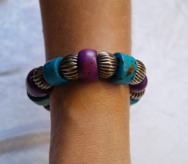 Boho Ibiza grote kralen armband TURQUOISE PAARS ZILVER