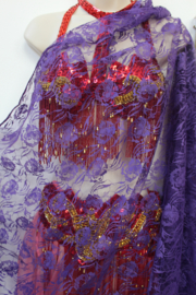 Extra Large 315cm x 125cm - Rectangular veil PURPLE lace, sheer, flowered - Voile dentelle fleurs mauve rectangulaire pour la danse orientale lace