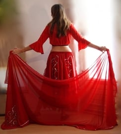 M L XL XXL - 2-piece Gypsy set RED SILVER skirt + veil chiffon and satin, silver sequins embroidered