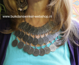 Bohemian hippie chic Halssnoer faraonisch DONKER ZILVER kleur met 3 lagen grote munten - farao6 - Boho hippy chick style, Pharaonic necklace SILVER color with 3 layers of big coins