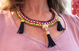 Necklace with tassels, beads, chains, ribbon PINK, NAVY BLUE, GOLD, IRIDISCENT YELLOW, OFF WHITE