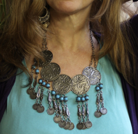 farao12 - Boho hippy chick, Pharaonic necklace SILVER TURQUOISE BLUE with 5 silver discs and coins