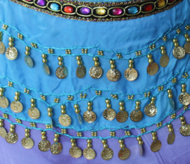 XXS, XXXS - Bellydance hipbelt with colored stones for girls TURQUOISE chiffon, GOLD decorated with beads and coins, children size -Ceinture de danse orientale pour filles / enfants, dotée de perles multicolores et sequins dorés.