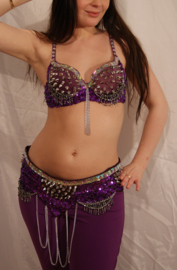 Tribalicious 2-pce costume : fully sequinned BRA + hipbelt  PURPLE SILVER, studs and chains decorated