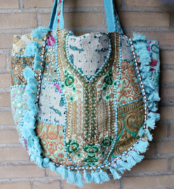 One of a kind richely embroidered, spacious, Banjari Indian Bohemian XL Bag TURQUOISE6 PINK accents,  GOLD embroidered
