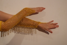 H6g one size - Traditional bellydance arm cuffs : 1 pair of sparkling YELLOW bellydance-gloves, crocheted/knitted with GOLDEN beads, glittering