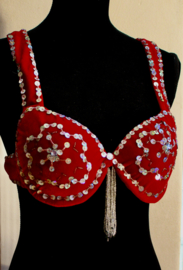 A, B, C 70-80 - DEEP RED velvet bra, SILVER sequins and beaded fringe decorated