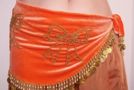 G62 -  XS Extra Small S Small -  ORANGE velvet bellydance hipbelt, GOLDEN beads and coins decorated