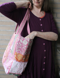 Lightweight, 3 zipper, Patchwork Banjari Indian Bohemian Hippy Bag, GOLD embroidered, flowers decorated in shades of PINK, YELLOW and BLUE