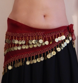 One size - Basic bellydance coinbelt triangle WINE RED, GOLD / SILVER  decorated - Foulard à sequins triangulaire pour la danse orientale BORDEAUX