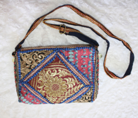23cm x 13 cm x 6cm - One of a kind Bohemian hippy chic purse patchwork coins BLUE GOLD GREEN RED ORANGE
