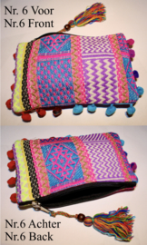 nr 1 - 6 - Bohemian hippy chic patchwork pouch, ponpon rimmed MULTICOLORED - Petit Sac Bohémien  MULTICOLORE, poids léger en textile, fermeture tirette.