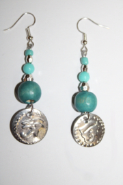 TURQUOISE BLUE beaded earring, SILVER colored coin with the Eye of Horus / Udjat coin decorated