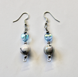 Girls and ladies LOVE earring,  SILVER colored beads, iridiscent TURQUOISE heart and marbled bead decorated
