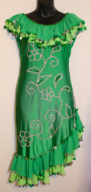 Small Medium -  Asymetrical Melaya Leff Iskanderani dress GRASS GREEN, LIME GREEN, SILVER with flower pattern