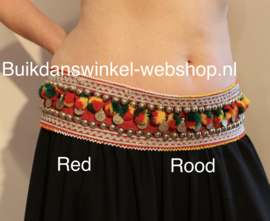 Tribal fusion heupgordel ceintuur BLAUW GEEL ROOD ROZE TURQUOISE WIT ZWART met pompons, spikes en munten - XS S