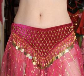 See through 8 points skirt made of fine GOLD striped crèpe Georgette, attached to a FUCHSIA velvet HIPBELT coins decorated