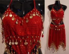 Harem2 - S, XS, XXS - 3-piece harem costume RED GOLD : headband + top + skirt all coins decorated