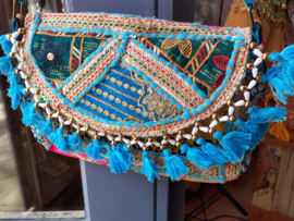 23cm x 13 cm x 6cm - One of a kind Bohemian hippy chic purse patchwork TURQUOISE GOLD FUCHSIA PINK - Sac Bohème ethnique